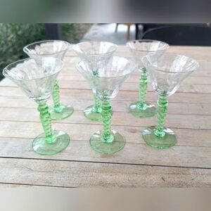 Weston Uranium Stem Etched Glass Champagne Glasses Vintage Set of 6 Blown Glass